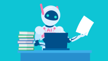 A robot sits at a desk, in front of a laptop, holding a sheet of paper, with a stack of books beside it