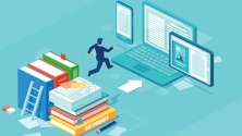 digital transformation -man in black suit jumps from stack of books to laptop