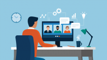 A man sits at his desk in front of a video conference screen with three people collaborating. zoom fatigue tips